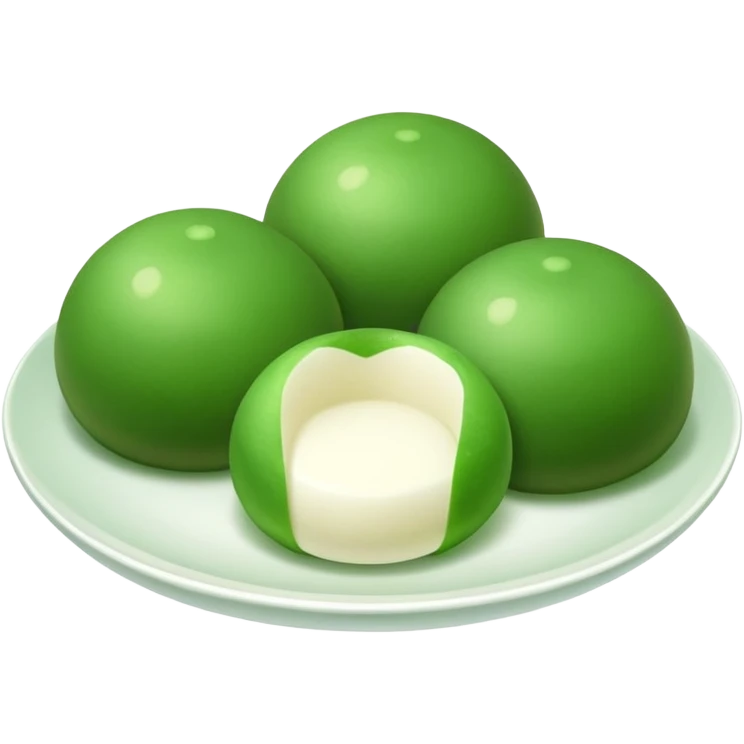 four green spherical warabi mochi on the plate emoji