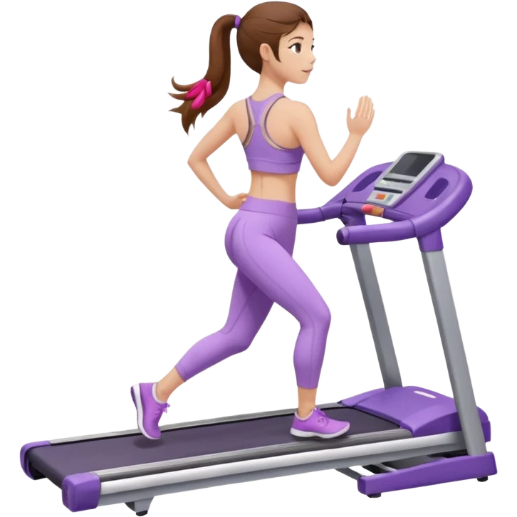 girl with long brown hair on treadmill wearing light purple yoga set emoji