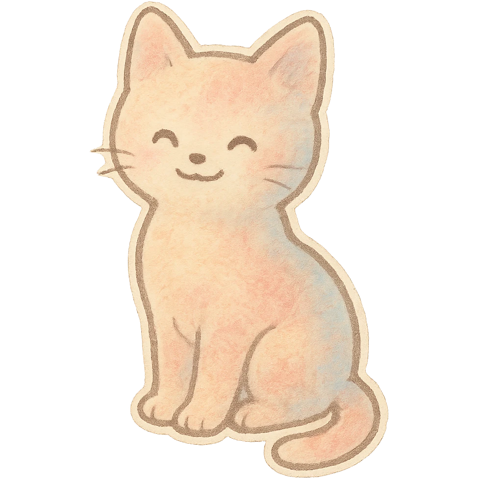 small pastel kitten silhouette, Japanese hand-drawn soft sticker style, full object, transparent background, with a gentle smile emoji