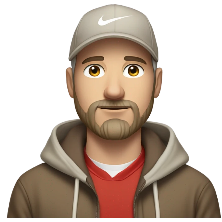 Visibly bored handsome white guy with a salt and pepper beard and brown longer hair wearing a red Nike hoodie  and a light brown hat emoji