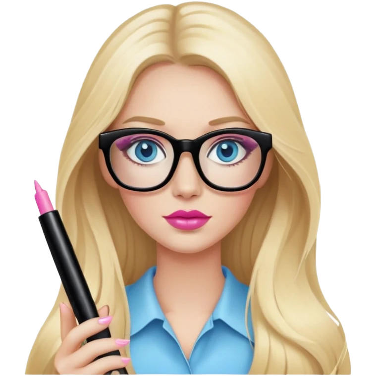 Blonde woman with long hair, blue eyes and pink lips wearing black glasses and 
 holding mascara in her hands emoji