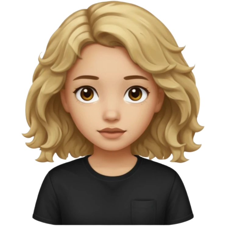 Light skinned girl with dirty blonde wavy hair and deep brown eyes and a black square shirt emoji