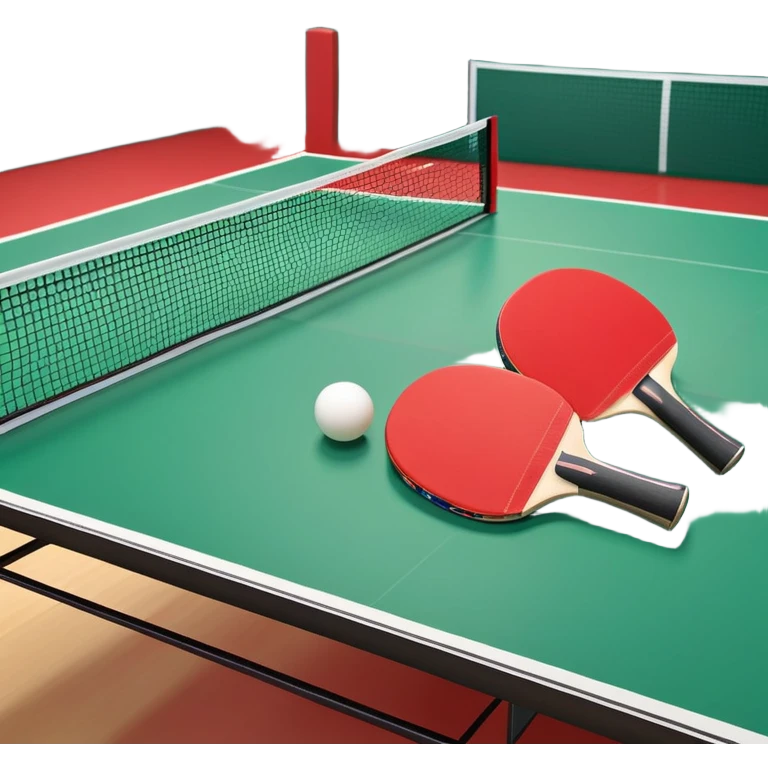 Two table tennis paddles and a ball placed on a ping pong table, with the net in the background. The scene conveys the simplicity and focus of the sport, with vibrant colors highlighting the rackets and ball on the smooth surface of the table. emoji
