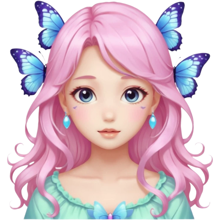 gorgeous shiny blushing anime pastel lady with butterflies and beautiful hair fairycore high quality detailed vogue trending aesthetic emoji