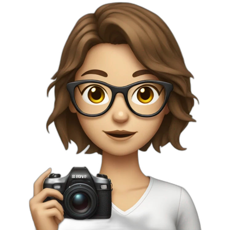 cat girl with brown hair with a camera in glasses emoji