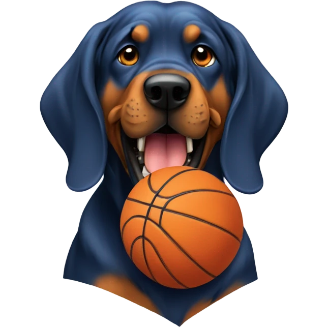 A blue and orange bloodhound biting a basketball. emoji