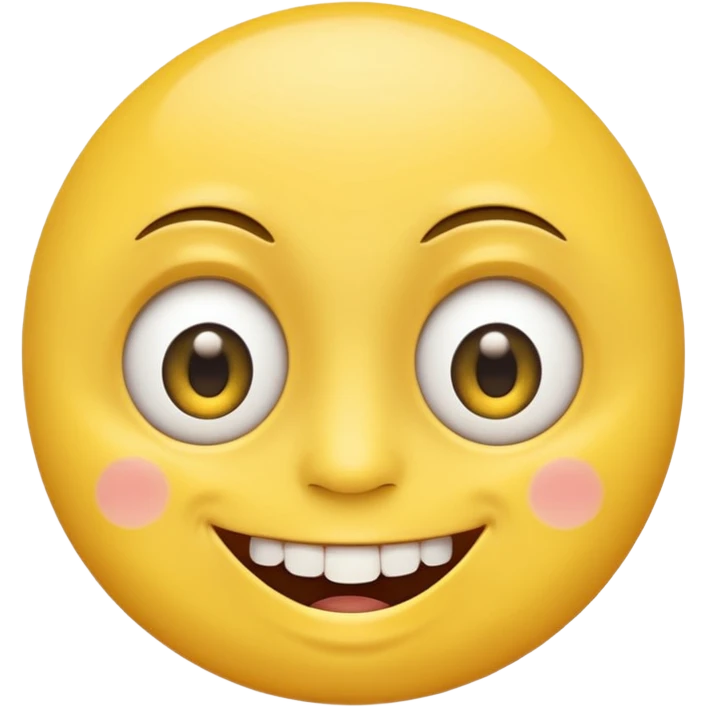 a yellow face smiling with crooked yellow teeth and eyes open big with little dots as pupils   emoji