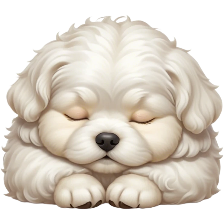 Cinematic Chubby Sleeping Wavy-Haired Maltese dog Portrait Emoji, Chubby and serene, with a round, adorable build and a soft, wavy-haired white coat, eyes gently closed in peaceful slumber, Simplified yet irresistibly endearing features, highly detailed, glowing with a gentle, dreamy glow, high shine, relaxed and content, stylized with a touch of whimsy, bright and heartwarming, soft glowing outline, capturing the essence of a blissfully sleepy companion, so comically serene it feels like it could roll out of the screen and snore with adorable charm! emoji