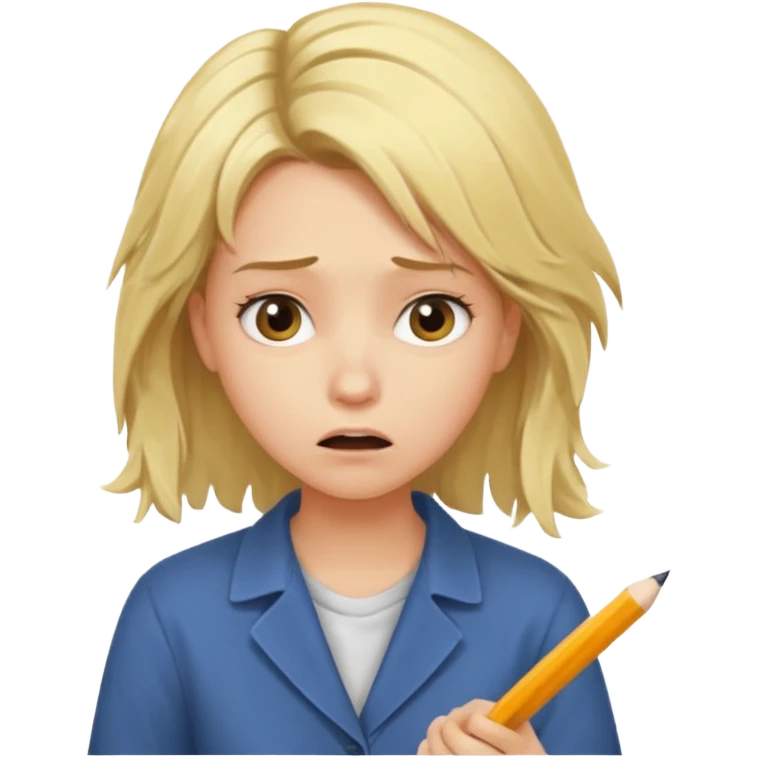 young blonde disheveled hair woman is writing an exam in panic emoji