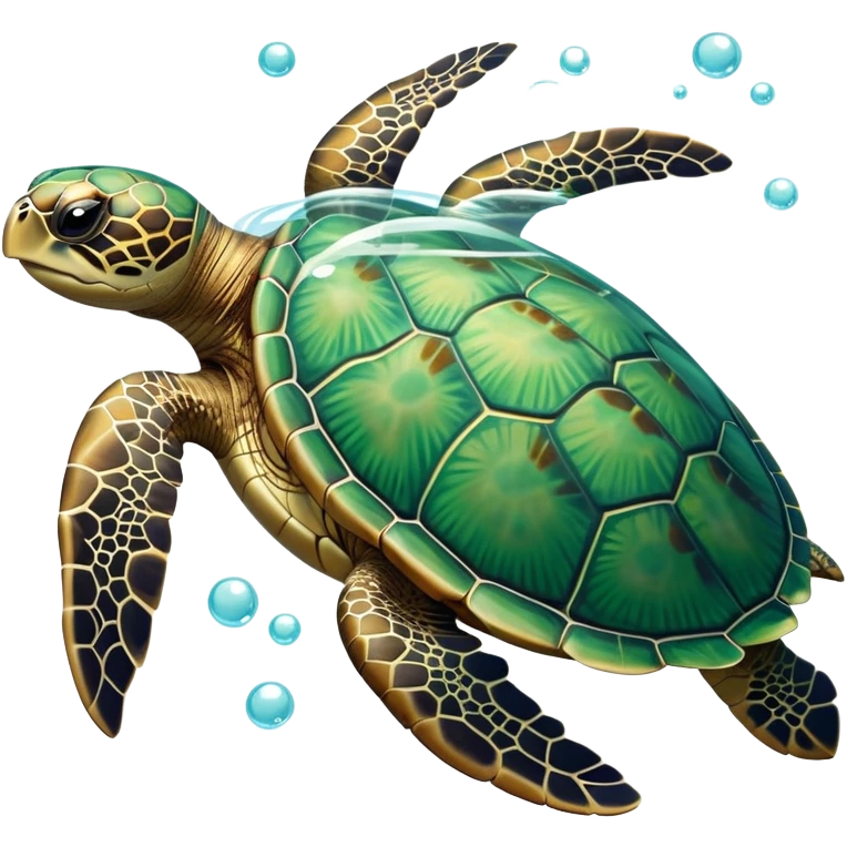 cinematic-sea-turtle-realistic-full-body-swimming-emoji,-graceful-streamlined-body-gliding-through-crystal-clear-waters,-large-flippers-moving-in-fluid-motion,-smooth-green-and-brown-patterned-shell-glowing-in-the-sunlight,-gentle-dark-eyes-filled-with-deep-wisdom,-bubbles-trailing-in-its-wake,-simplified-yet-realistic-focused-features,-highly-detailed,-glowing-with-an-oceanic-serene-light emoji