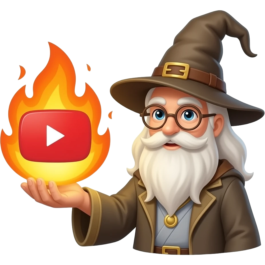 A wizard’s hand holding a glowing, magical YouTube logo like a fire spell. Text bellow: "Do you want Content Maker?" High fantasy, mystical particles, clean white background, sticker style emoji