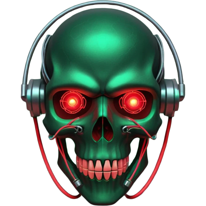 Cyberpunk shield, skull with cybernetic implants, glowing wires, dark green and red tones, no background emoji