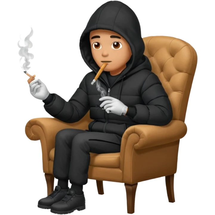 A man sitting on a chair, wearing a black puffed coat with hood, hands in his pocket, smoking a cigaret, he is on a chair i emoji