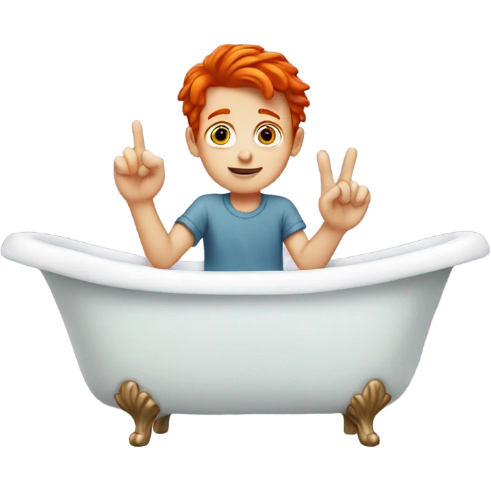 Red headed boy holding finger up sitting in a bathtub emoji