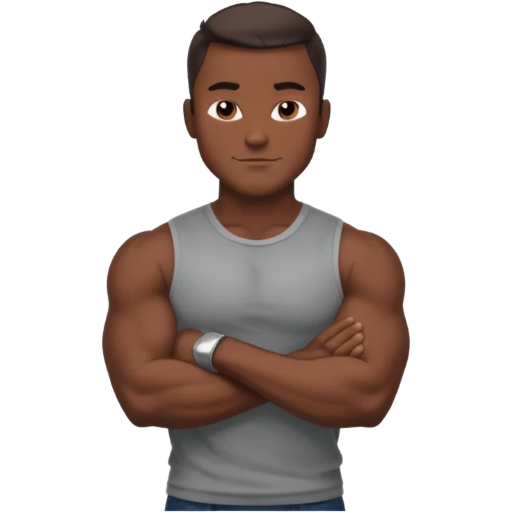 Adult male, dark skin, muscular build, confident smirk, arms crossed, sleek modern casual clothing, assertive pose, strong silhouette, bold shading. emoji