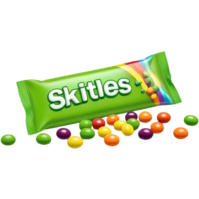 A colorful Skittles candy pack with green candies spilling out. Minimalist design with bright rainbow colors on the package and only green Skittles candies. emoji