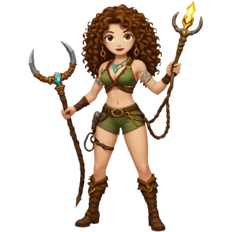 full body woman long curly brown hair brown eyes white skin tattoos muscular build jungle treasure hunter outfit, vine whip, glowing relic emoji