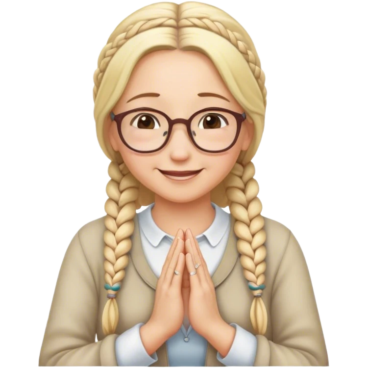 Blond middle aged woman with reading glasses and long braids has her hands like praying it’s smiling and thinking of hearts  emoji