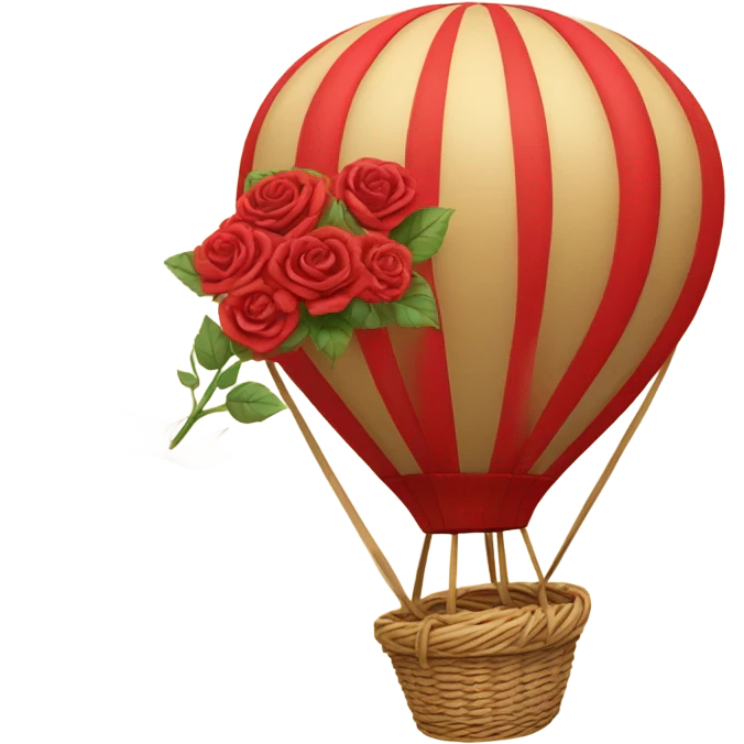 red hot air balloon and beige basket with roses emoji