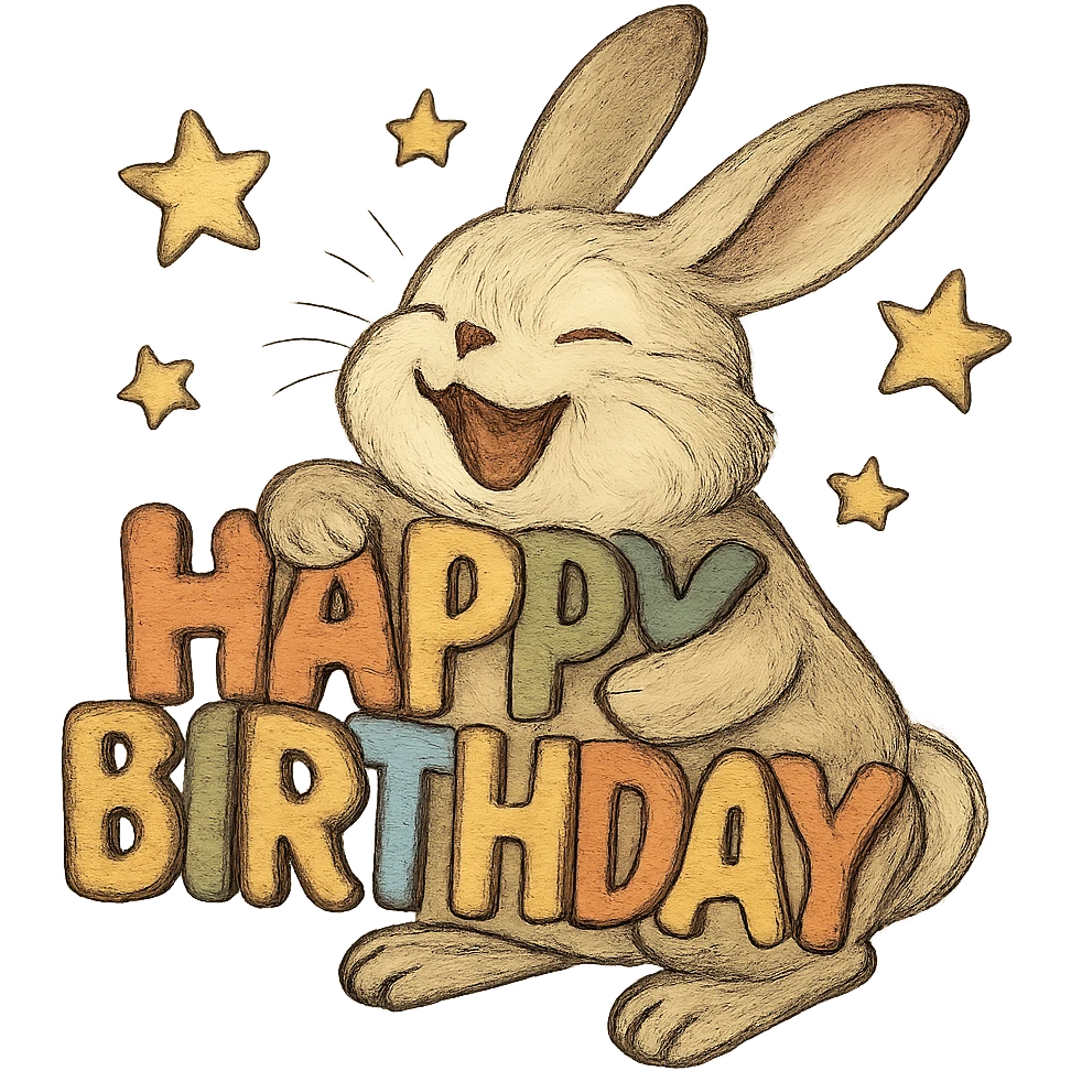laughing bunny hugging "Happy Birthday" letters with stars, soft, whimsical, detailed, ghibli style emoji