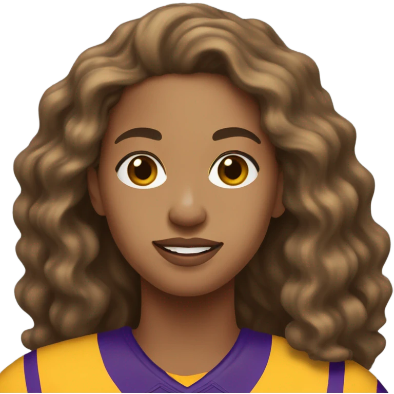 Light skin woman with very long wavy brown hair wearing lsu jersey emoji