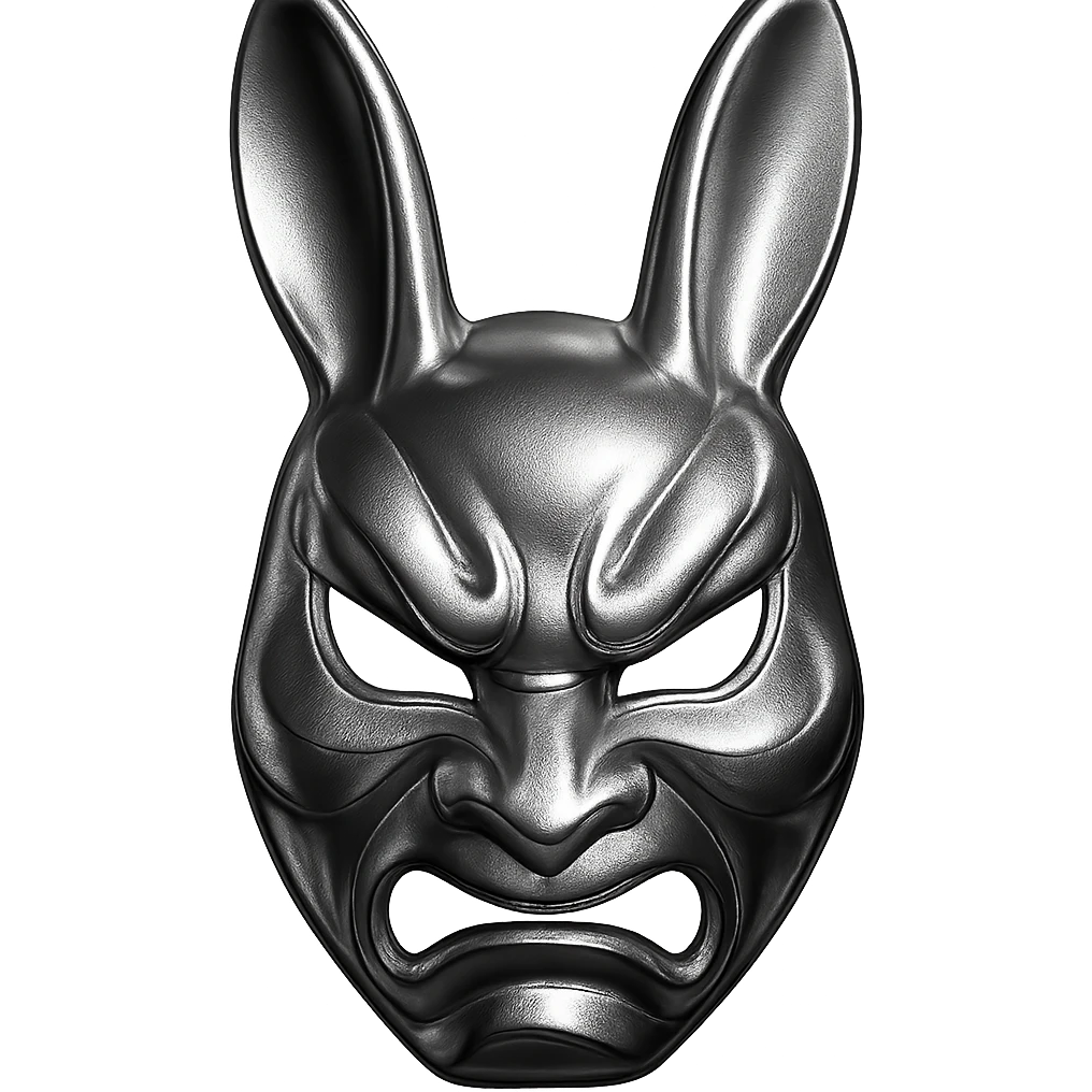 stylized usagi rabbit kabuki mask, red and white, angry expression, shiny chrome look emoji