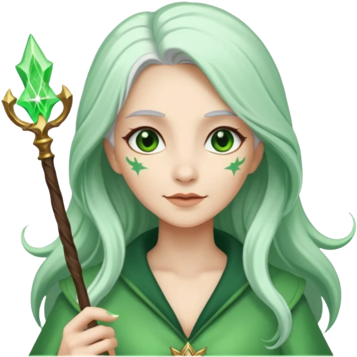 Woman with green skin color with white color long hair and carrying a magic wand emoji