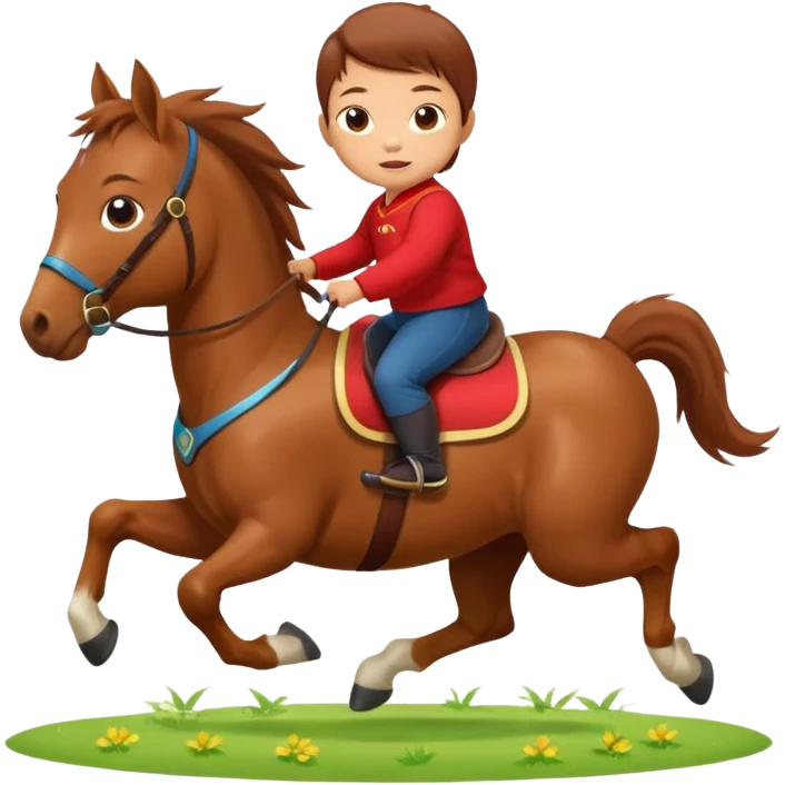 l little chinese baby riding on a  cute horse running really fast on the grass with 2026 year's label emoji