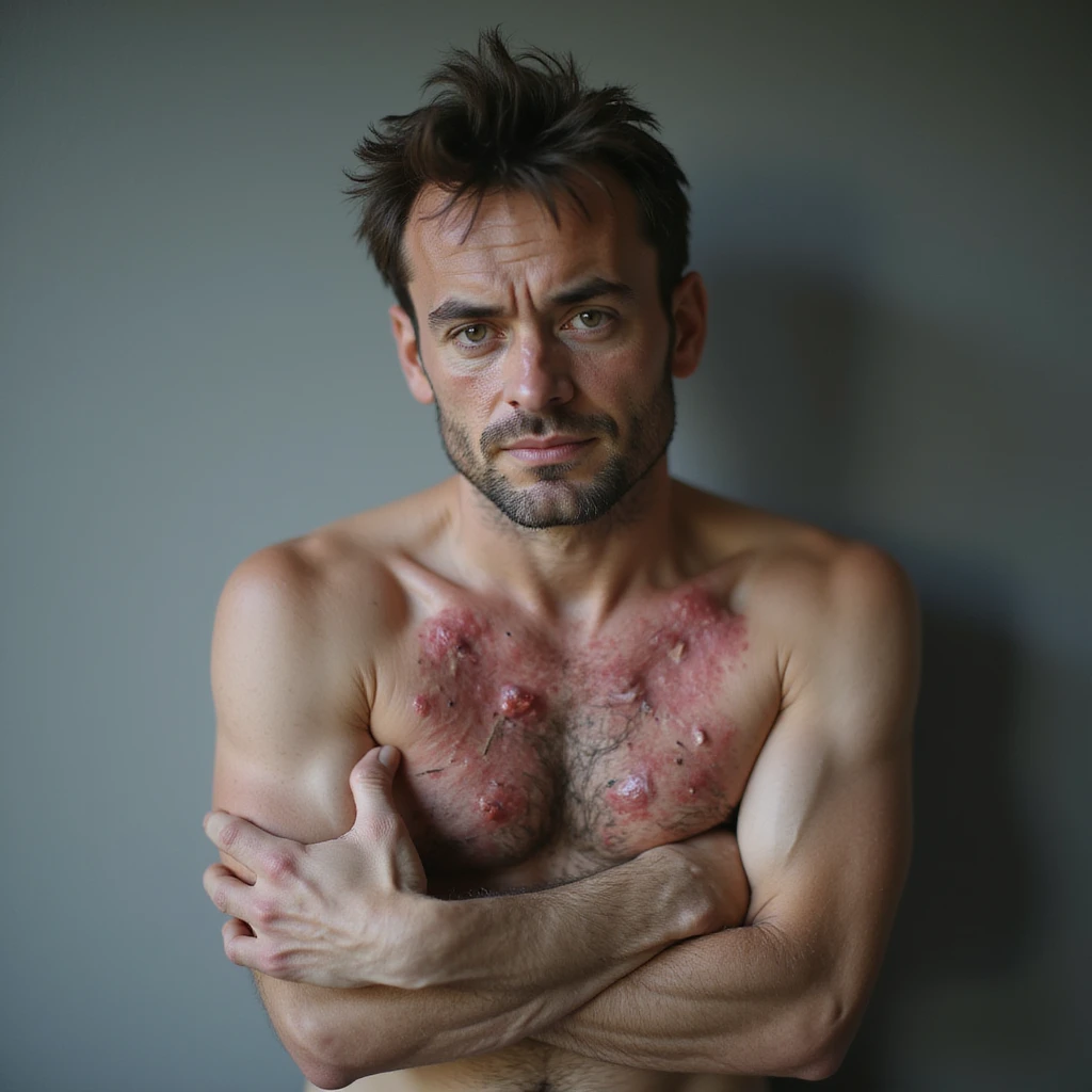 realistic adult man with simple clothing, tired expression, body symbolically showing autoimmune diseases: red and swollen areas on skin and joints, realistic details, vulnerable atmosphere, neutral background, 4K quality emoji