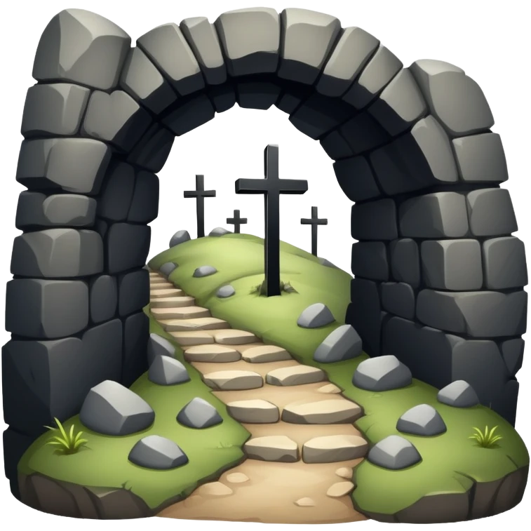 empty cave with stone rolled back and three crosses on Calvary Hill emoji