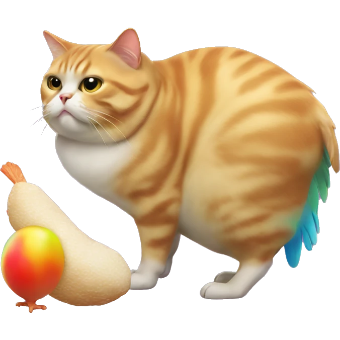 Fat Cat eating a iridescent chicken emoji