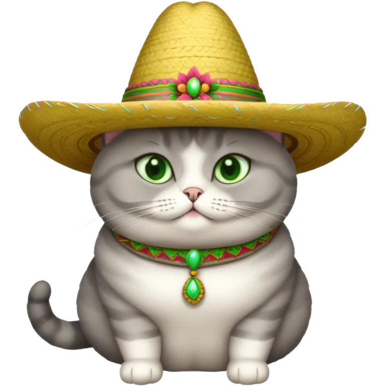 Fat gray cat green eyes wearing sombrero emoji