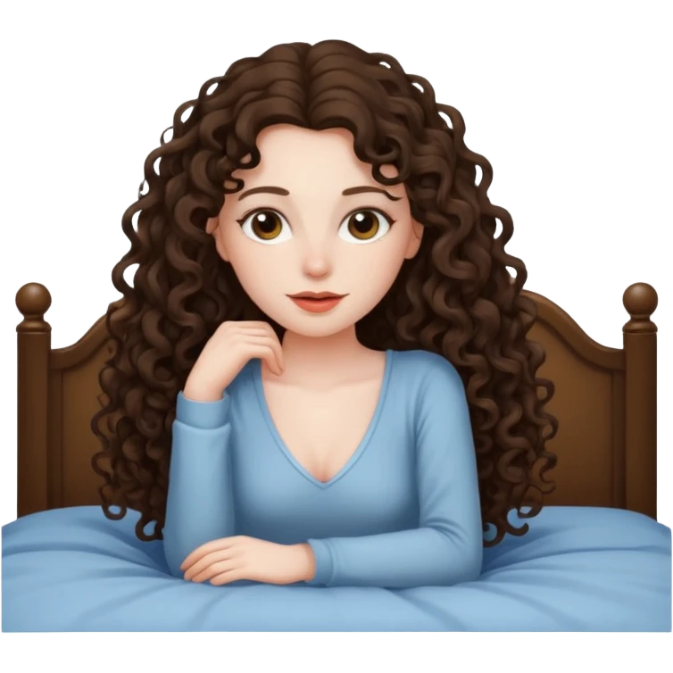 Brunette woman long curly hair on bed seductive emoji