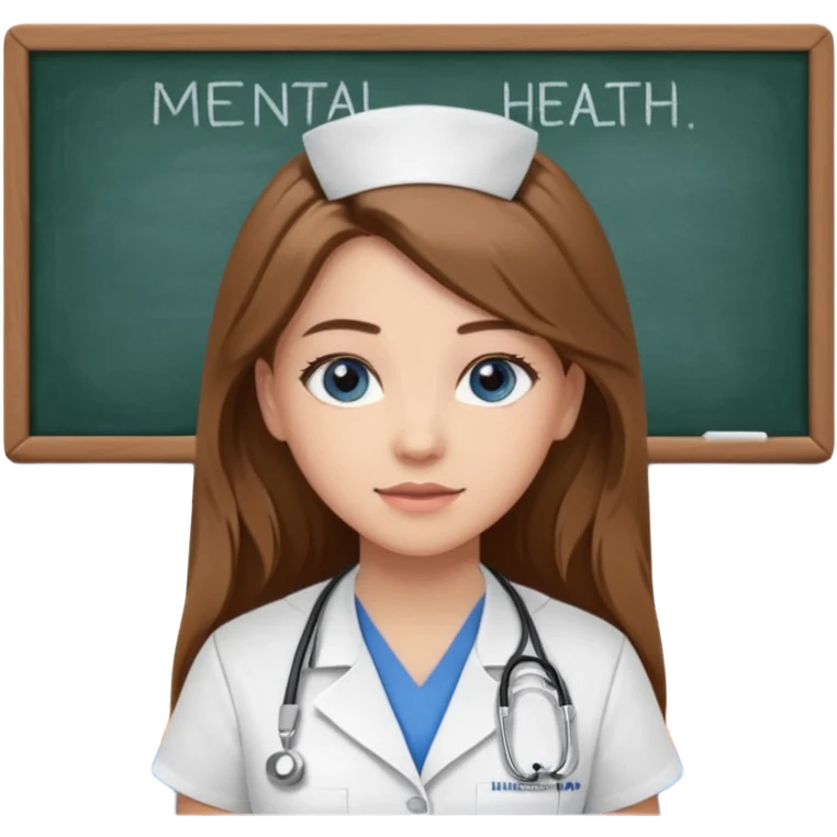 university classroom that says Mental Health Nursing on the blackboard with a pretty female nursing student with long brown hair, blue eyes emoji