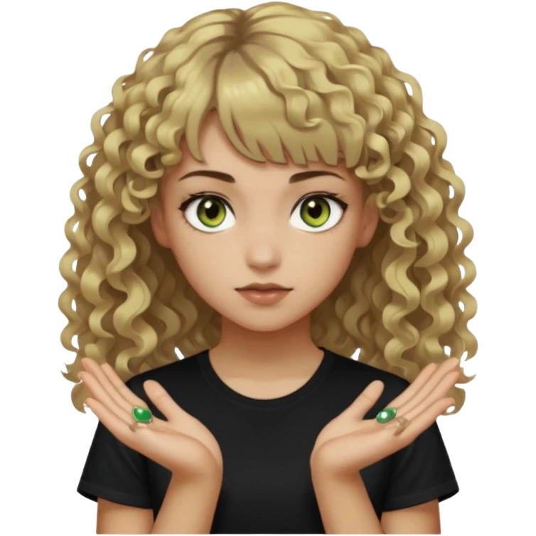 young woman wearing a black t shirt with curly dirty blonde hair, straight bangs, and hazel green & brown eyes. She is a daughter of Hades and has power over shadows. She is holding shadows in her hands and there are shadows behind her too. emoji