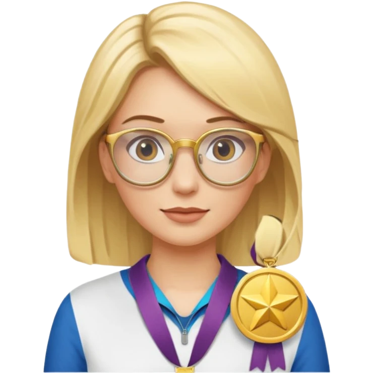 Describe a blonde woman wearing glasses with a gold medal emoji