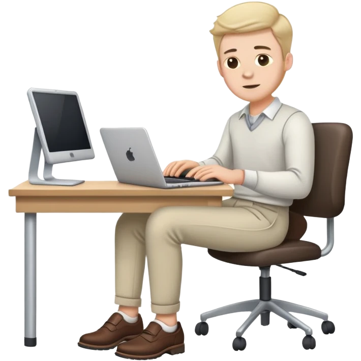 white Guy wearing trousers and shoes, sitting at desk working on a laptop  emoji
