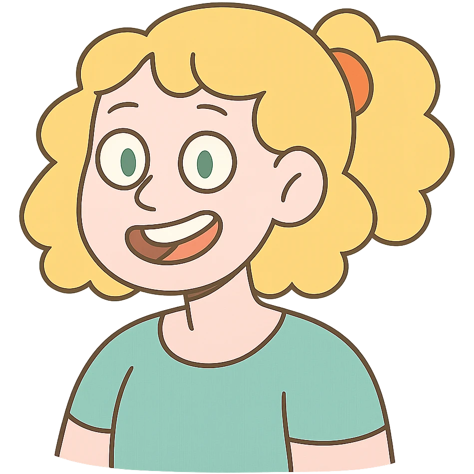 pastel toon style character with blonde, curly shoulder-length hair tied back with a red scrunchie, pale white skin, pale green eyes emoji