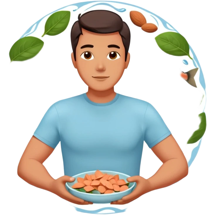 Relaxed floating man surrounded by circling foods: pieces of salmon, dark chocolate, almonds, and spinach leaves. These omega-3 and magnesium-rich foods glow softly as they orbit around him, creating a peaceful, weightless atmosphere. emoji