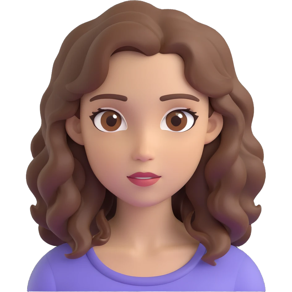 character with wavy brown hair, brown eyes, natural makeup, in 3D Disney Pixar animation style, realistic lighting, soft textures, expressive features, Disney Pixar character style emoji