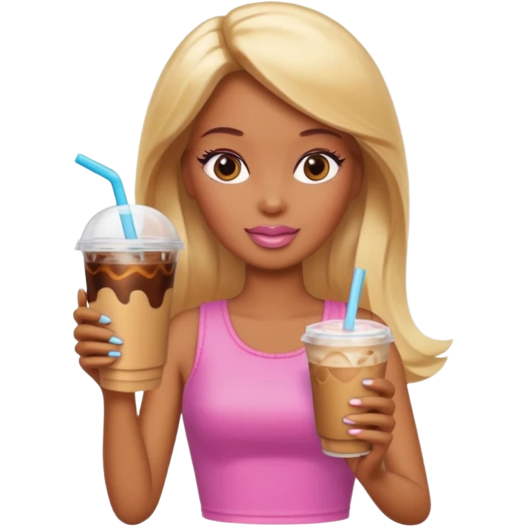 Brown skin blonde hair Barbie drinking iced coffee emoji