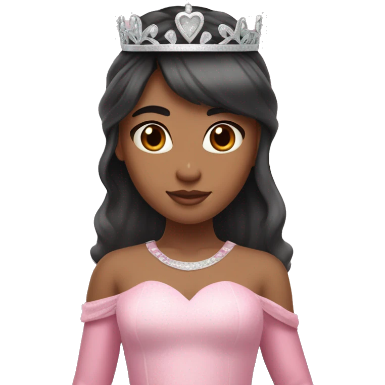 Princess with halo with medium skin tone with long black hair with bang with silver pink heart tiara and pink dress emoji