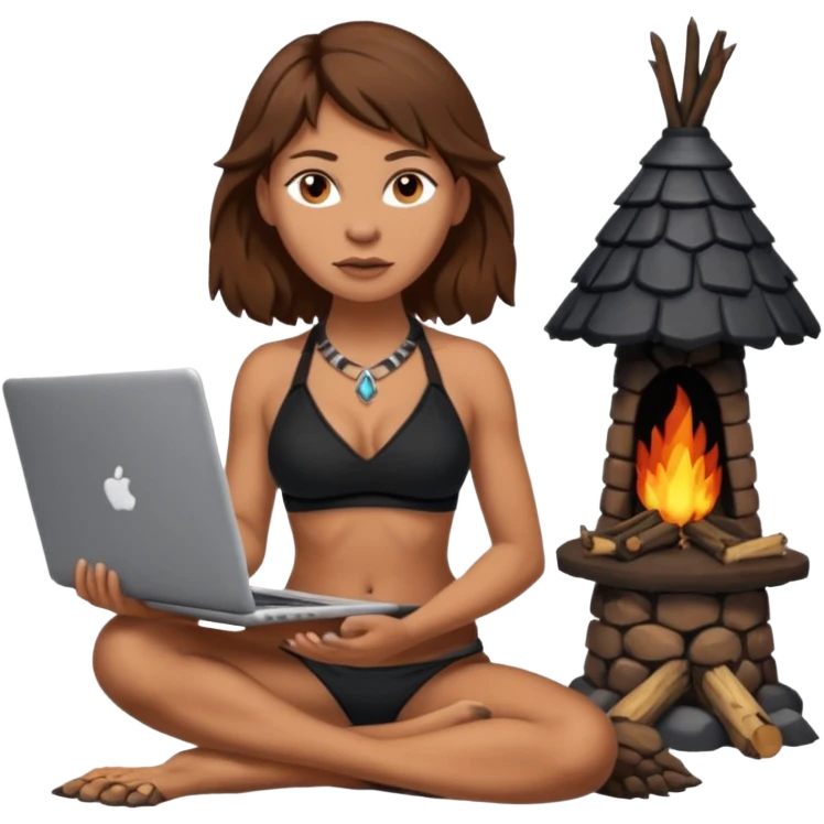 a NEANDERTHAL WOMAN WITH BROWN HAIR STANDING BY A FIRE AND TENT WITH BLACK WOLF HALTER TOP AND A LAPTOP emoji