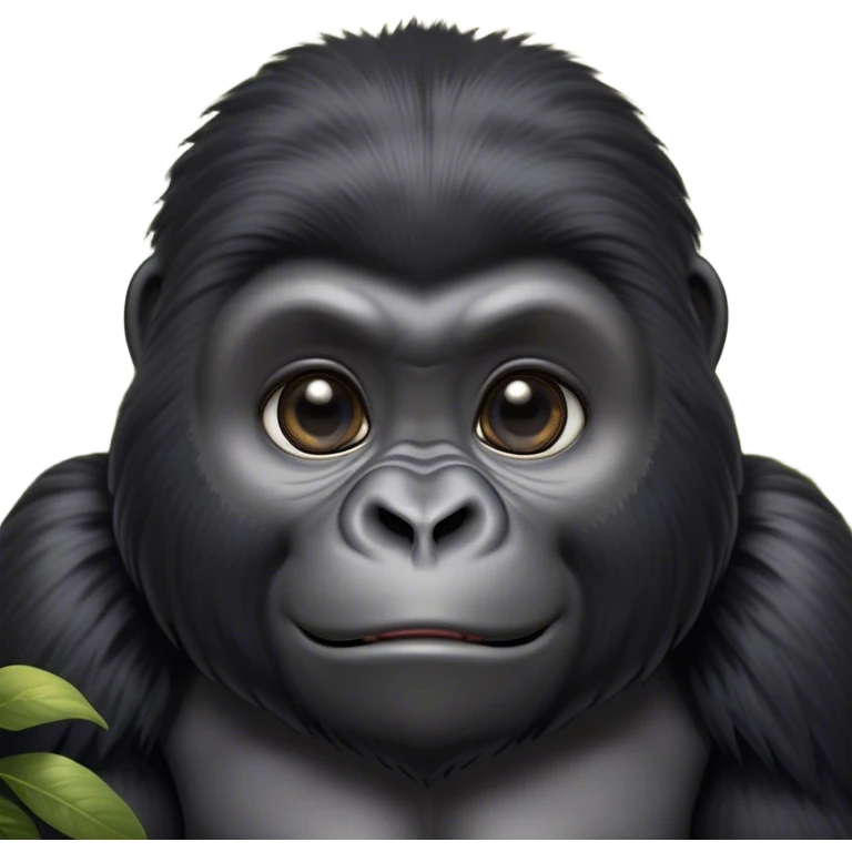 Cinematic Cute mountain Gorilla Portrait Emoji, Head tilted playfully and inquisitively, with a robust build accented by a striking black and grey mane and round, sparkling eyes full of gentle charm, Simplified yet irresistibly adorable features, highly detailed, glowing with a warm, friendly jungle glow, high shine, affectionate and lively, stylized with a touch of endearing primate whimsy, soft glowing outline, capturing the essence of a mischievous yet loving mountain that feels like it could lumber out of the screen into your arms! emoji
