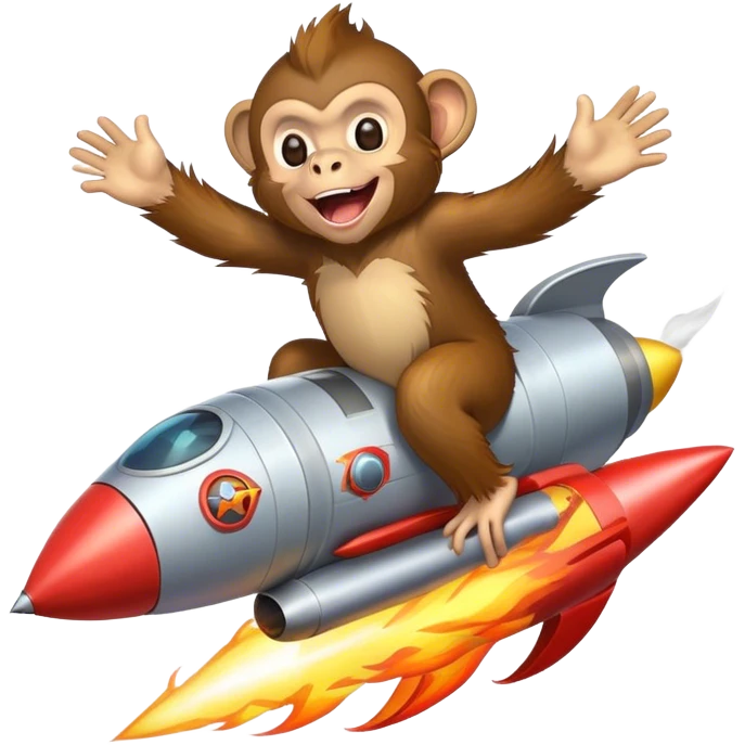 punk colorful laughing monkey flying in a rocket with fire emoji