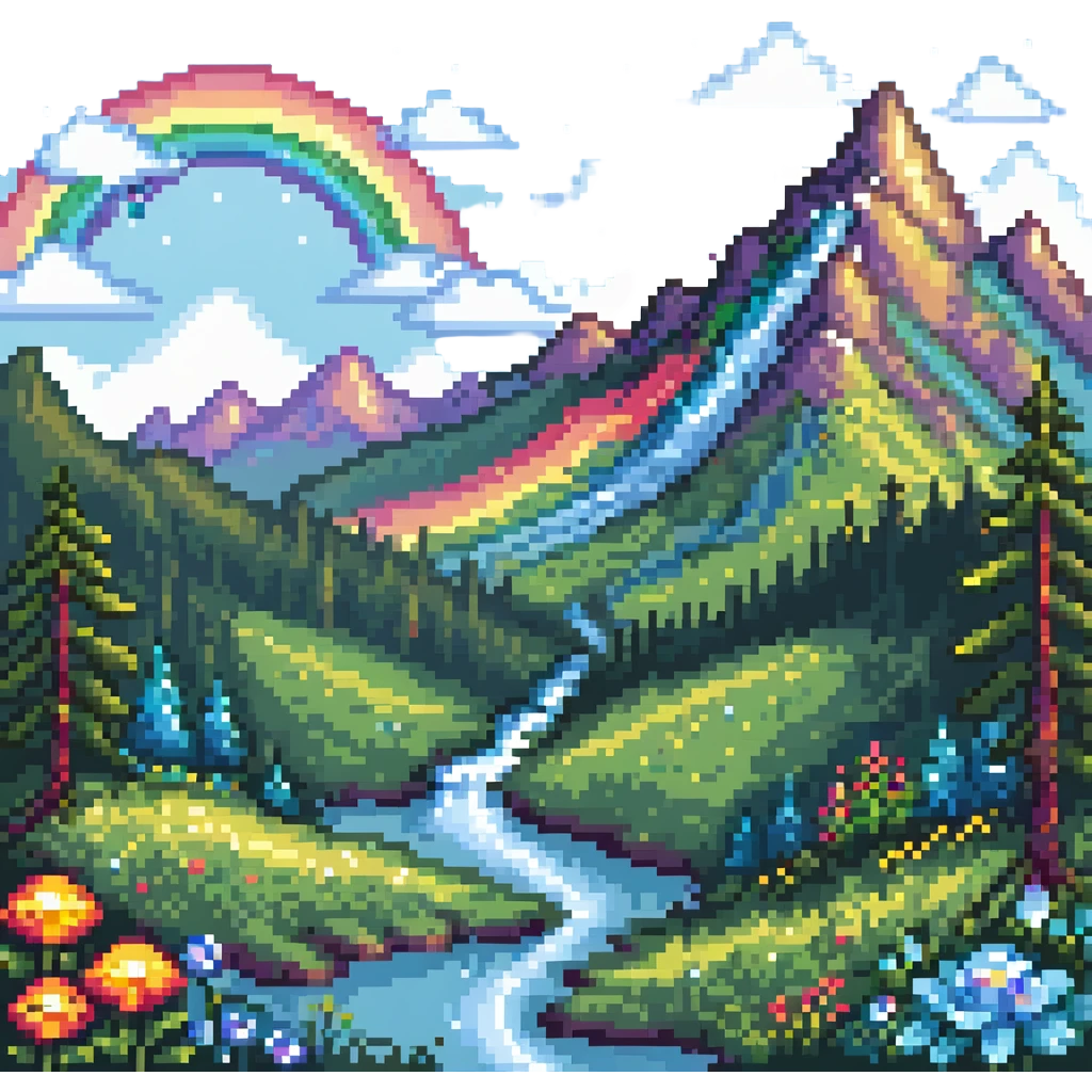 Enchanted meadow with rainbow and crystal mountains emoji