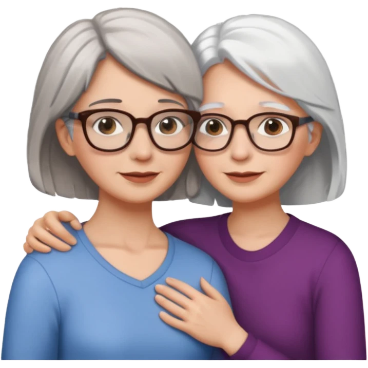 Abrazo de Madre de 60 años con pelo blanco y gafas y hija con pelo morena sin gafas emoji