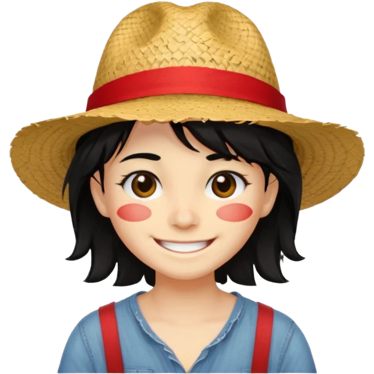Un personnage avec la peau beige une cicatrice sous l'oeil des cheveux noirs en bataille et un chapeau de paille avec une bande rouge il arbore un grand sourire emoji