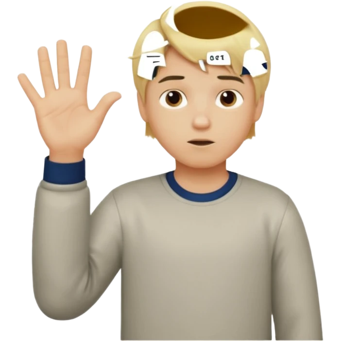 A boy with blonde hair shrugging with the number 6 above one hand and a 7 over the other emoji