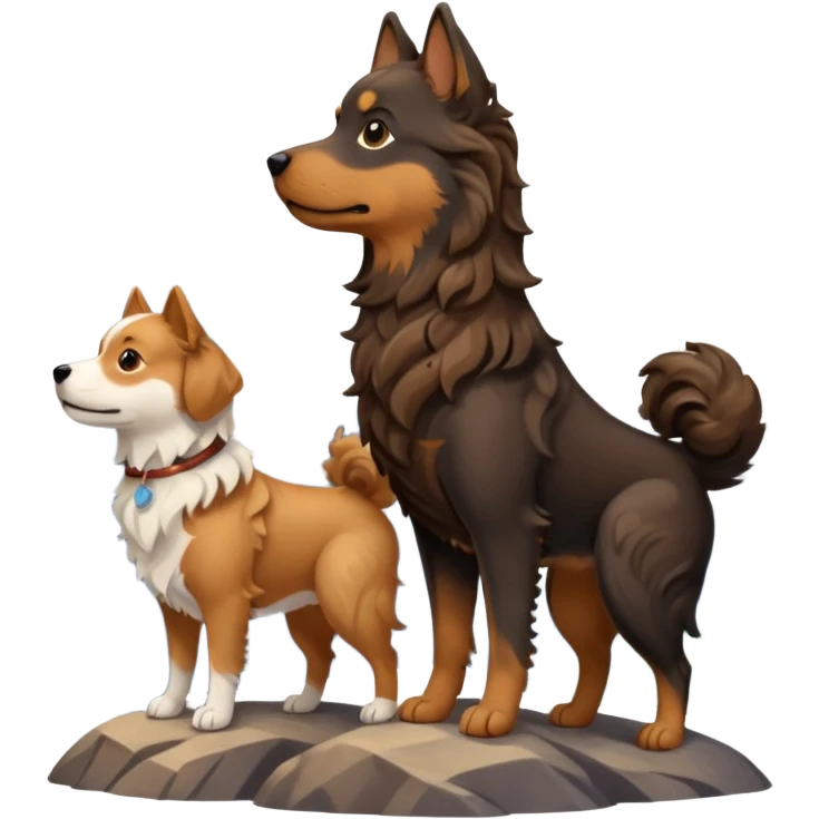 two dogs with wavy hair, one black and brown, one shades of brown with mountains emoji